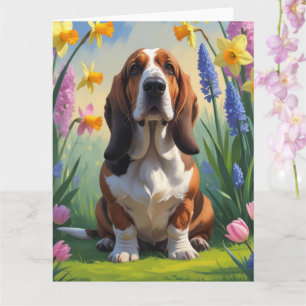 Basset Hound Dog Spring Flowers Painting Card