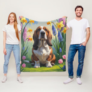 Basset Hound Dog Spring Flowers Painting  Fleece Blanket