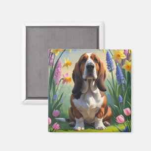 Basset Hound Dog Spring Flowers Painting Magnet