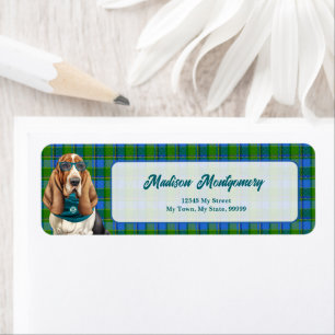 Basset Hound Dog Teal Plaid Monogrammed Address Return Address Label