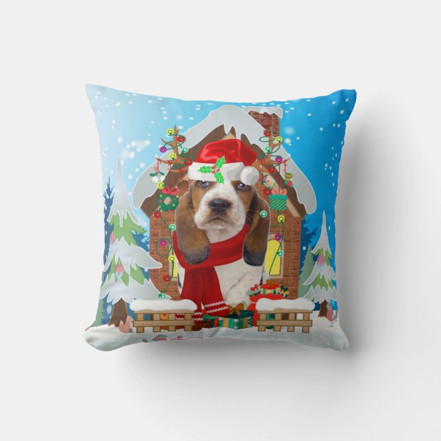 Basset Hound dog with Christmas gifts Cushion (Front)