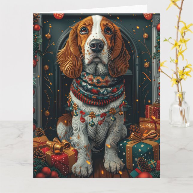 Basset Hound Dog With Christmas Gifts Fireplace  Card (Yellow Flower)