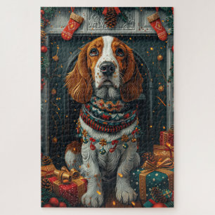 Basset Hound Dog With Christmas Gifts Fireplace  Jigsaw Puzzle