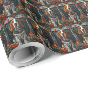 Basset Hound Dog With Christmas Gifts Fireplace  Wrapping Paper