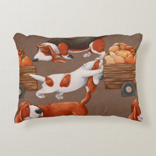 Basset Hound dogs are carrying a cart with pumpkin Decorative Cushion