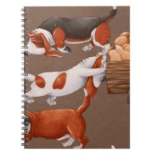 Basset Hound dogs are carrying a cart with pumpkin Notebook
