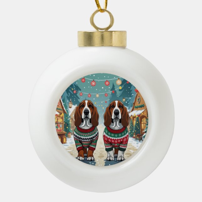 Basset Hound Dogs Christmas Snow Holiday Ceramic Ball Christmas Ornament (Front)