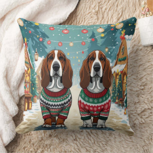Basset Hound Dogs Christmas Snow Holiday Cushion