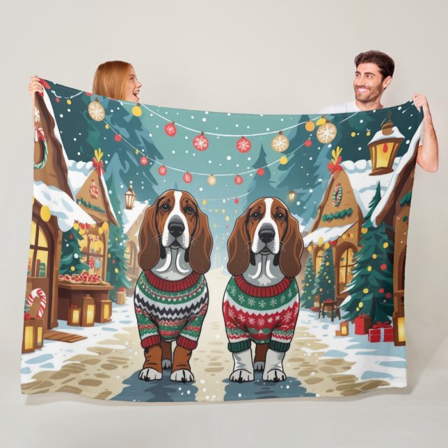 Basset Hound Dogs Christmas Snow Holiday Fleece Blanket (In Situ)