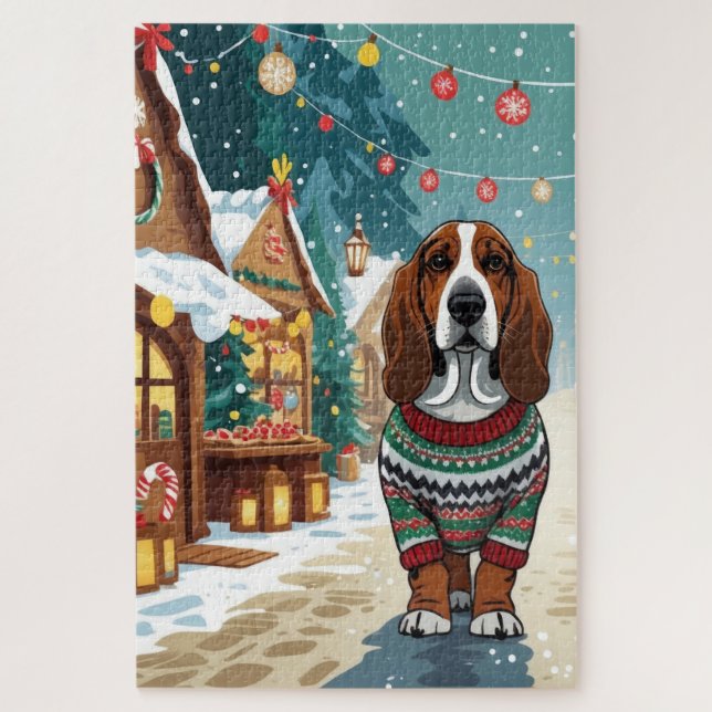 Basset Hound Dogs Christmas Snow Holiday Jigsaw Puzzle (Vertical)