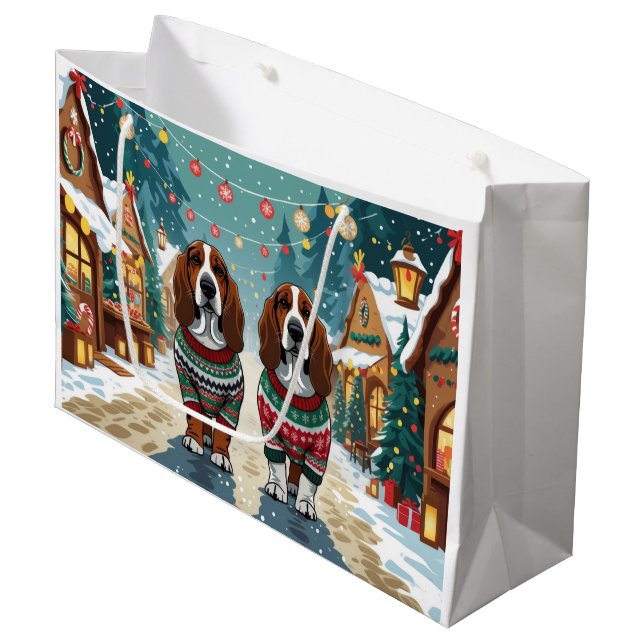 Basset Hound Dogs Christmas Snow Holiday Large Gift Bag (Front Angled)