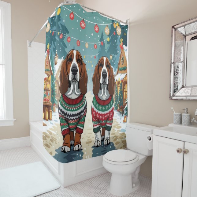 Basset Hound Dogs Christmas Snow Holiday Shower Curtain (In Situ)