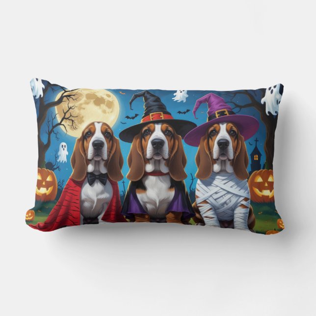 Basset Hound Dogs Pumpkin Halloween Funny Lumbar Cushion (Front)