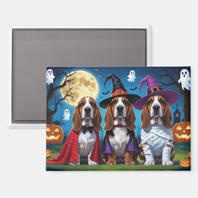 Basset Hound Dogs Pumpkin Halloween Funny Magnet (Front/Back)
