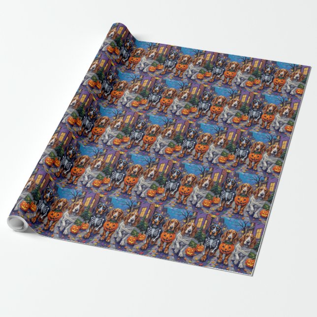 Basset Hound Dogs Trick-or-Treating in Halloween  Wrapping Paper (Unrolled)
