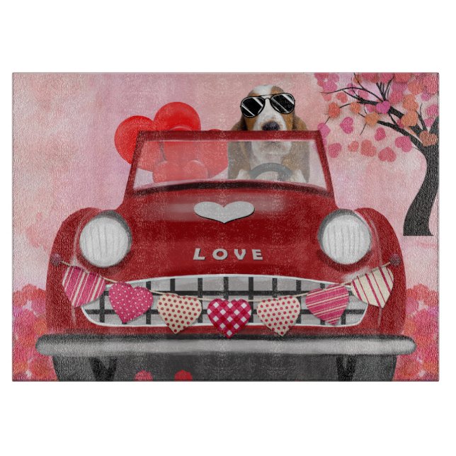 Basset Hound Driving Car with Hearts Valentine's   Cutting Board (Front)