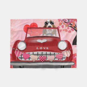 Basset Hound Driving Car with Hearts Valentine's   Fleece Blanket
