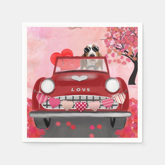 Basset Hound Driving Car with Hearts Valentine's   Napkin (Front)