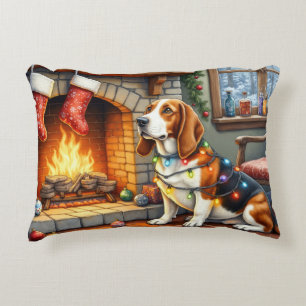 Basset Hound Fireplace with Christmas Lights Decorative Cushion