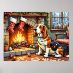 Basset Hound Fireplace with Christmas Lights Poster