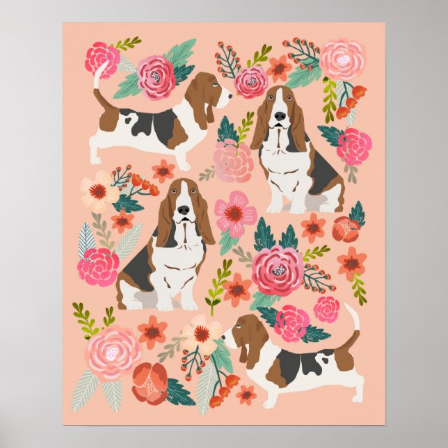 Basset Hound Florals - Dog Art Poster (Front)