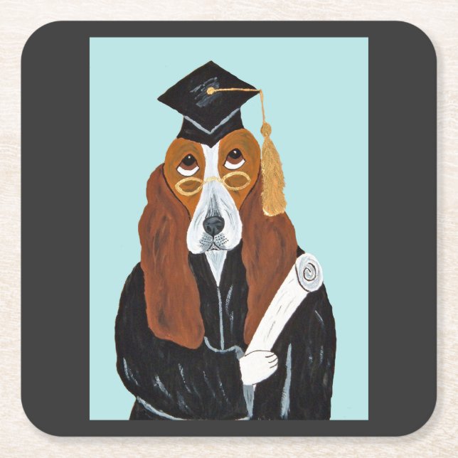 Basset Hound Graduate Square Paper Coaster (Front)