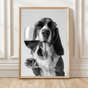 Basset Hound Holding Wine Wall Art, Black and Whit Poster