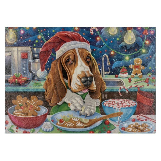 Basset Hound Holiday Baking: Festive Christmas Cutting Board (Front)