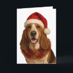 Basset Hound in a Santa hat Christmas card<br><div class="desc">Basset Hound looking very handsome sporting a Santa hat,  adorned in tinsel and looking very chuffed that it's Christmas!

Why not wish a lucky someone a Happy Christmas with this Basset Hound Christmas card.

You can personalize the text to your heart's content!

Also available as an instant download.</div>