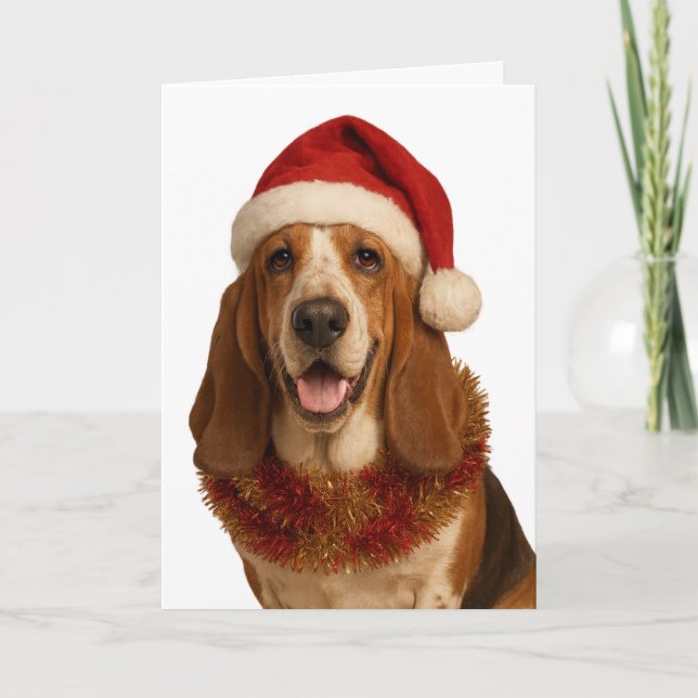 Basset Hound in a Santa hat Christmas card (Front)
