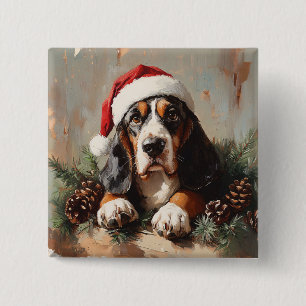 Basset Hound in a Santa Hat Oil Painting 15 Cm Square Badge