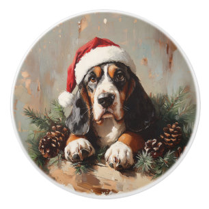 Basset Hound in a Santa Hat Oil Painting Ceramic Knob
