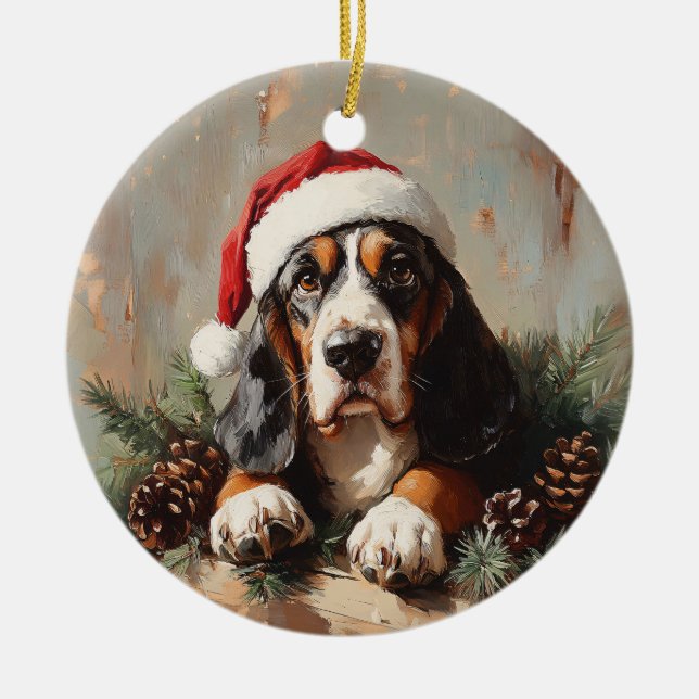 Basset Hound in a Santa Hat Oil Painting Ceramic Ornament (Front)
