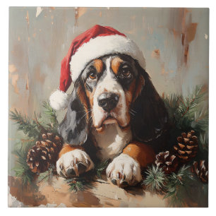 Basset Hound in a Santa Hat Oil Painting Ceramic Tile