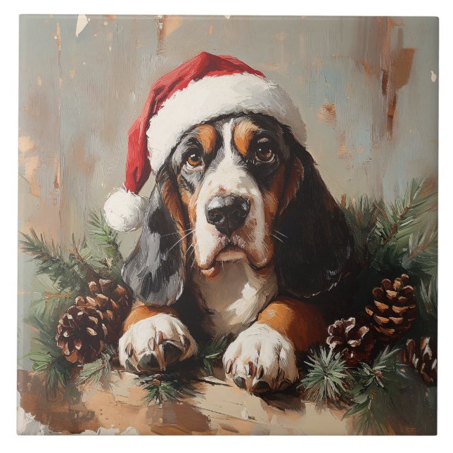 Basset Hound in a Santa Hat Oil Painting Ceramic Tile (Front)