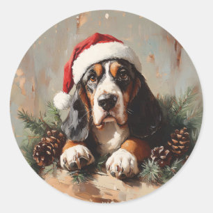 Basset Hound in a Santa Hat Oil Painting Classic Round Sticker