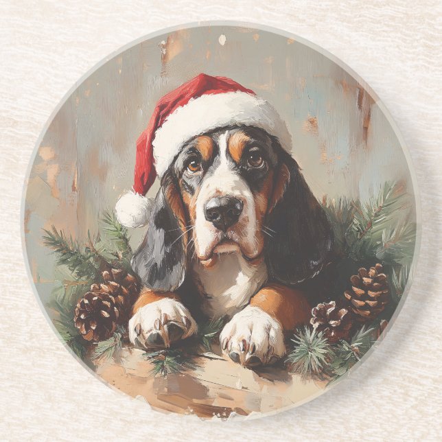 Basset Hound in a Santa Hat Oil Painting Coaster (Front)