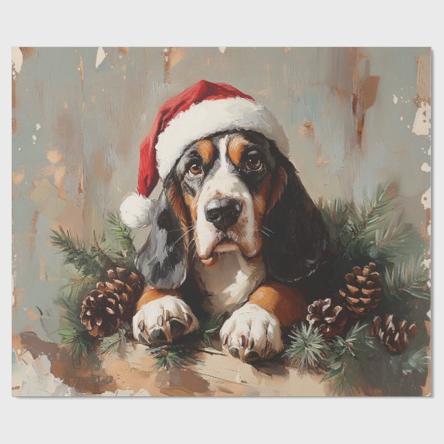 Basset Hound in a Santa Hat Oil Painting Decoupage Wrapping Paper (Flat)