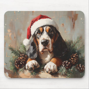 Basset Hound in a Santa Hat Oil Painting Mouse Pad