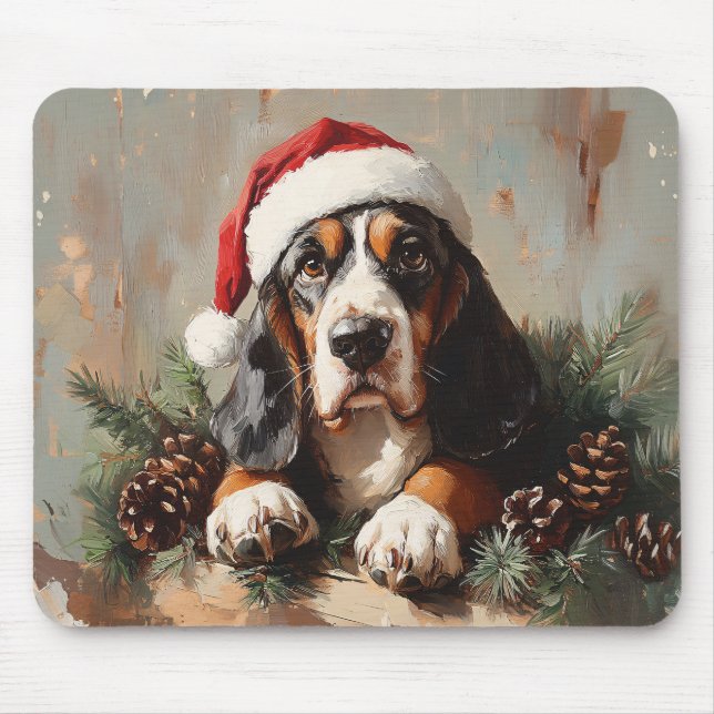 Basset Hound in a Santa Hat Oil Painting Mouse Pad (Front)