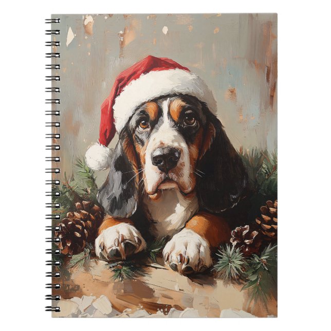 Basset Hound in a Santa Hat Oil Painting Notebook (Front)