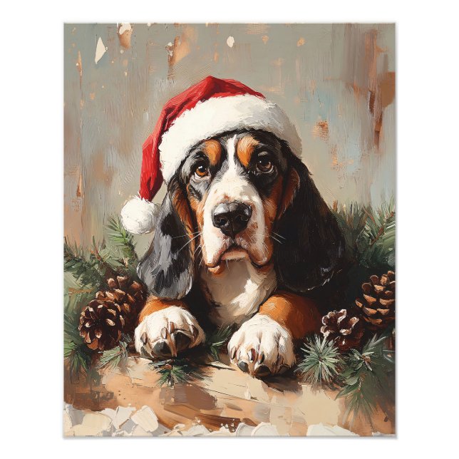 Basset Hound in a Santa Hat Oil Painting Photo Print (Front)