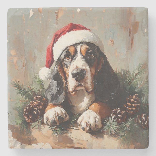 Basset Hound in a Santa Hat Oil Painting Stone Coaster (Front)