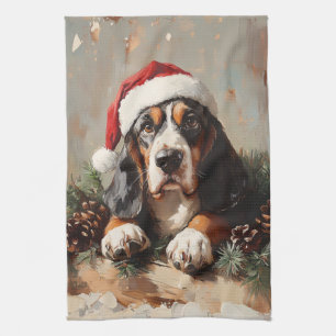 Basset Hound in a Santa Hat Oil Painting Tea Towel