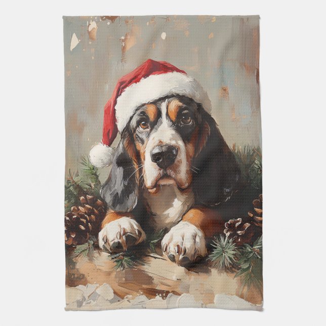 Basset Hound in a Santa Hat Oil Painting Tea Towel (Vertical)