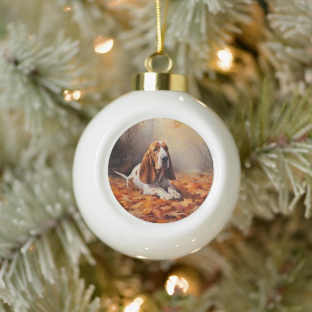 Basset Hound in Autumn Leaves Fall Inspire Ceramic Ball Christmas Ornament (Tree)