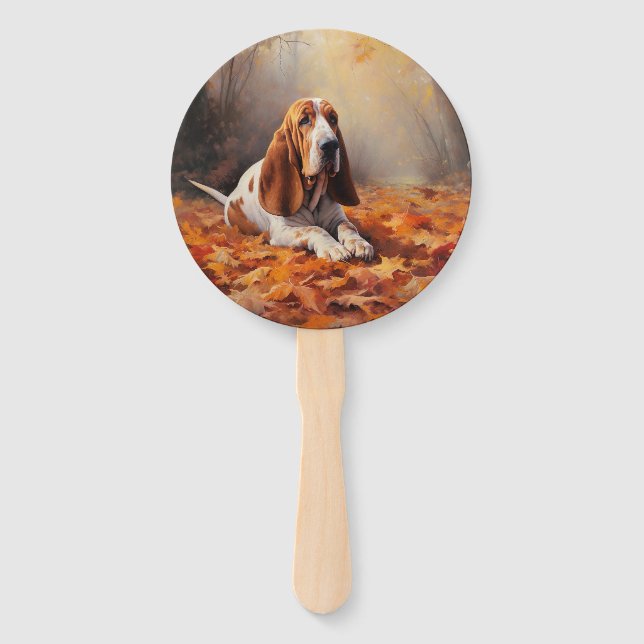 Basset Hound in Autumn Leaves Fall Inspire Hand Fan (Front)