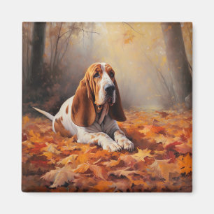 Basset Hound in Autumn Leaves Fall Inspire Magnet