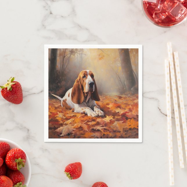 Basset Hound in Autumn Leaves Fall Inspire Napkin (Insitu)