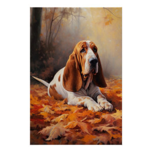 Basset Hound in Autumn Leaves Fall Inspire Poster